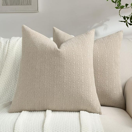 FUTEI Oatmeal Chenille Throw Pillow Covers 20x20 Inch Set of 2,Soft Striped & Diamond Textured Cushion Cases,Modern Home Decor for Couch Living Room