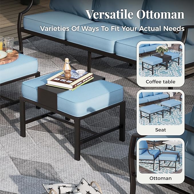 Patio Furniture Set 7 pcs, Outdoor Patio Furniture, 3-Seat Sofa, 2 Single Chairs, 2 Swivel Chairs, 2 Ottomans and 5.75" Extra Thick Cushion, Patio Conversation Set for Backyard Deck,Blue