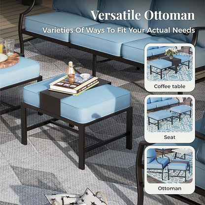 Patio Furniture Set 7 pcs, Outdoor Patio Furniture, 3-Seat Sofa, 2 Single Chairs, 2 Swivel Chairs, 2 Ottomans and 5.75" Extra Thick Cushion, Patio Conversation Set for Backyard Deck,Blue