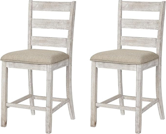 Signature Design by Ashley Skempton | 2-Count 24" Counter-Height Upholstered Bar Stools – Coastal Chic Ladder-Back, Antique White