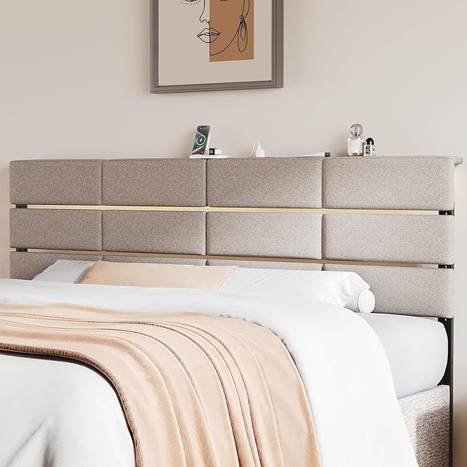 Full/Queen Size Upholstered Headboard, Adjustable Head boards with LED Light & Charging Station, Bed Headboard Only, Attach Frame, Study & Comfortable, Ideal for Bedroom, Dorm, Guest Room, Beige
