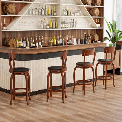 COSTWAY Bar Stools Set of 4, 29 Inch Swivel Bar Height Chairs with Rubber Wood Frame, Upholstered Seat, High Back Barstools for Kitchen Island, Home Bar, Pub, Brown (4, Seat Height: 29”)