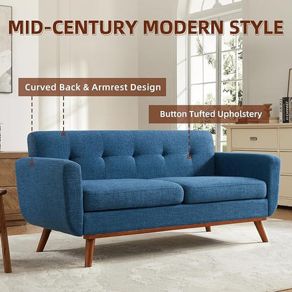 Tbfit Loveseat Sofa, 65" W Mid Century Modern Love Seat Small Loveseat for Bedroom, Button Tufted Upholstered Small Couch Sofa for Living Room, Blue