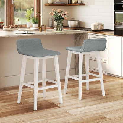 COSTWAY Wooden Bar Stools Set of 4, 29-inch Height Upholstered Padded Seat, Low Backrest, Footrest, Rubber Wood Legs, Armless Bar Chairs for Kitchen Counter Island, Dining Room, White+Gray