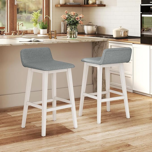 COSTWAY Wooden Bar Stools Set of 4, 29-inch Height Upholstered Padded Seat, Low Backrest, Footrest, Rubber Wood Legs, Armless Bar Chairs for Kitchen Counter Island, Dining Room, White+Gray