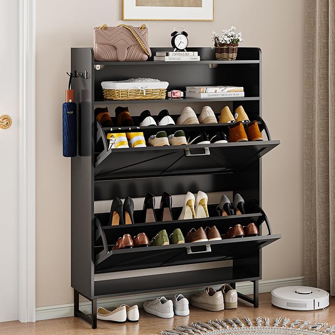 Shoe Storage Cabinet with 2 Flip Drawers, Narrow Wood Shoe Cabinet Storage for Entryway with Metal Legs & Hooks, Adjustable Shelves, Freestanding Shoe Rack Organizer for Foyer, Hallway, Black