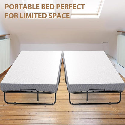 Folding Bed with Memory Foam Mattress, Portable Rollaway Guest Beds on Wheels, 75"x38" Twin Size Space-Saving Cot-Size Bed for Adults with Easy Assembly Metal Frame (White)