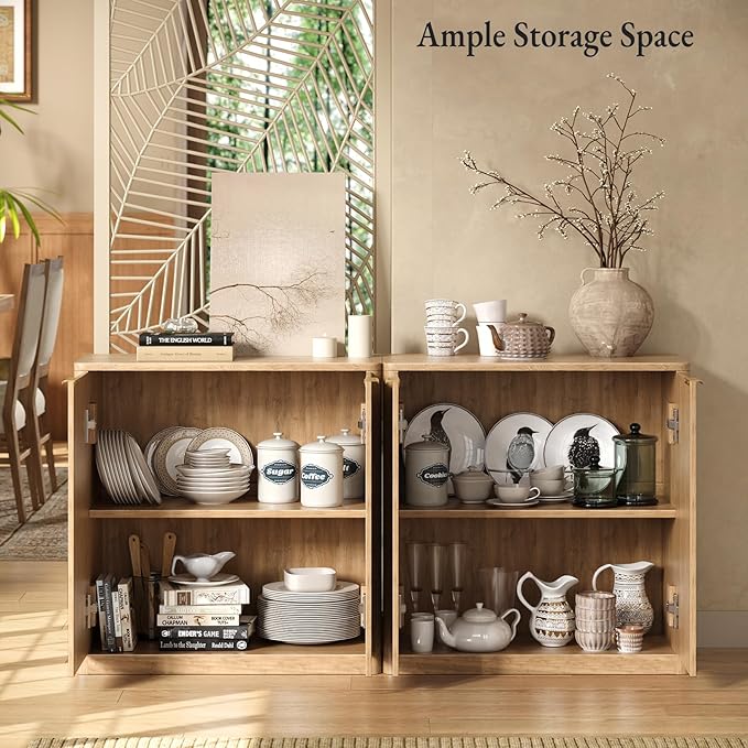 Evermagin 63" Oak Buffet Cabinet with Storage, Large Sideboard Cabinet, Boho Accent Credenza, Fluted Console Table with Doors for Dining Room, Kitchen, and Living Room