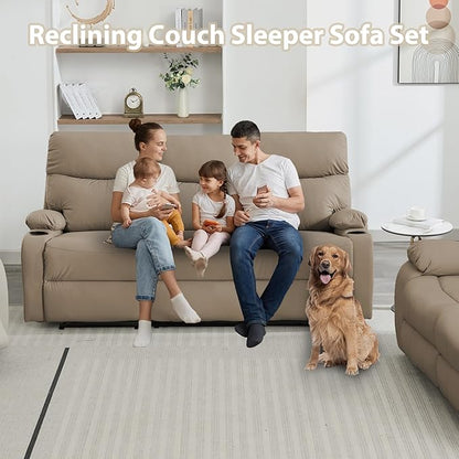 Manual Recliner Sofa Set Anti-Scratch 3 Seats Reclining, Sofa Couches with Side Pocket and Cupholders Wall Hugger Leather Couch for RV Living Room Home Theater Bedroom Apartment
