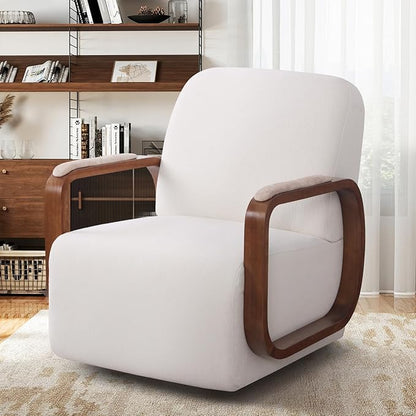 360° Swivel Accent Chair with Solid Wood Base, Swivel Living Room Chair with Chenille Fabric (Beige, Set of 1)