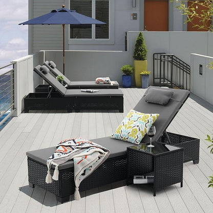 3 PCS Patio Chaise Lounge with Coffee Table Cushion&Pillow Outdoor Lounge Chair Chaise Lounger Patio Reclining Chair 5 Angle Adjustment Black PE Rattan for Courtyards Poolside (Dark Gray)