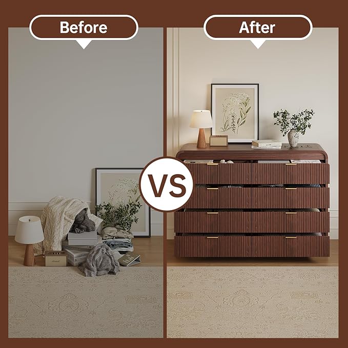 FURSUN Fluted 8 Drawers Dresser for Bedroom, 55" Wide Wooden Dresser with Metal Handle, Curved Profile Design, Modern Storage Organizer for Bedroom, Hallway (Walnut)