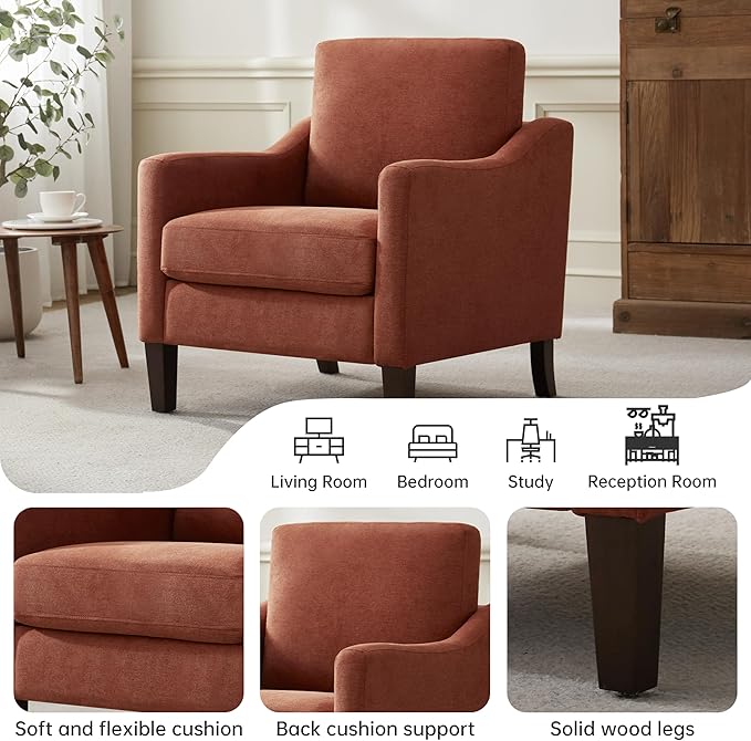 VKNOW Mid Century Modern Accent Chair, Upholstered Living Room Chairs Armchair for Bedroom, Comfy Reading Accent Chairs with Wood Legs for Living Room, Orange