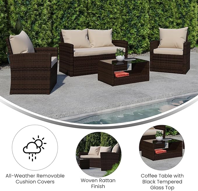 Flash Furniture Aransas Series 4 Piece Brown Patio Set with Beige Back Pillows and Seat Cushions