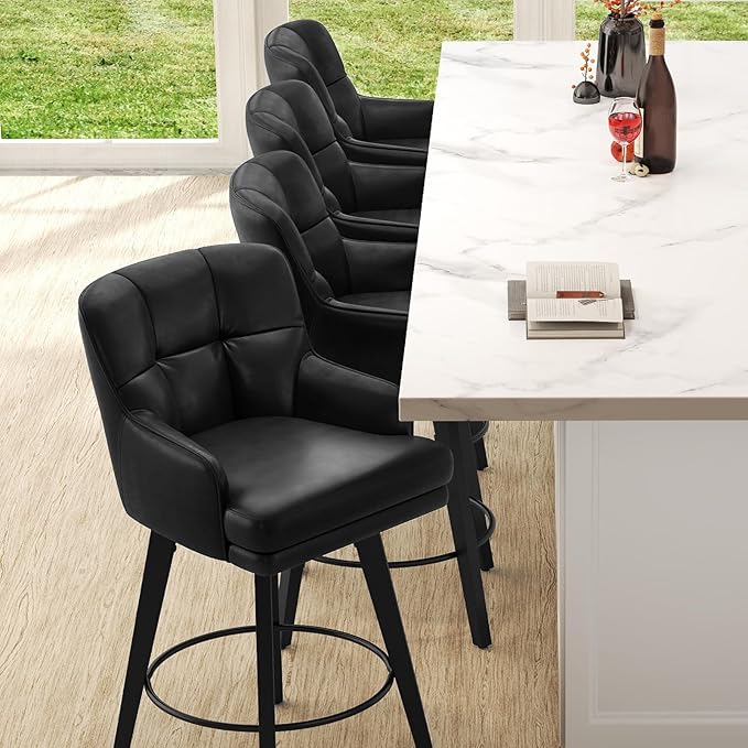 360°Swivel Counter Height Bar Stools with Back, 30 inch Solid Wood Legs, Bar Stool Modern Kitchen Island Chairs, Faux Leather (Black- Faux Leather, 30" H- Set of 2)