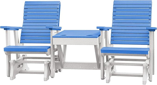 DutchCrafters Modern Horizontal Slat High Back Poly Double Glider Chairs with Center Table Outdoor Patio Furniture (White & Blue)