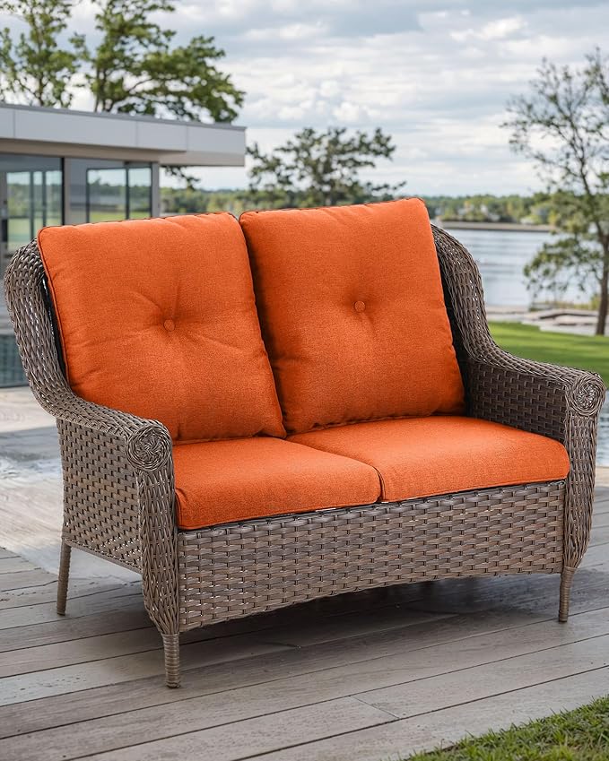 Patio Loveseat Outdoor Wicker Sofa - Heavy Duty All-Weather Brown Rattan 2-Person Sofas with High Back and Comfortable Thick Cushions for Garden Back Porch Poolside Apartment - Orange