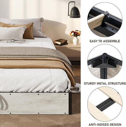 Lift Up Storage Bed Frame, Queen Size Wooden Platform Bed with Large Storage Underneath, No Box Spring Needed, Noise Free, Distressed White