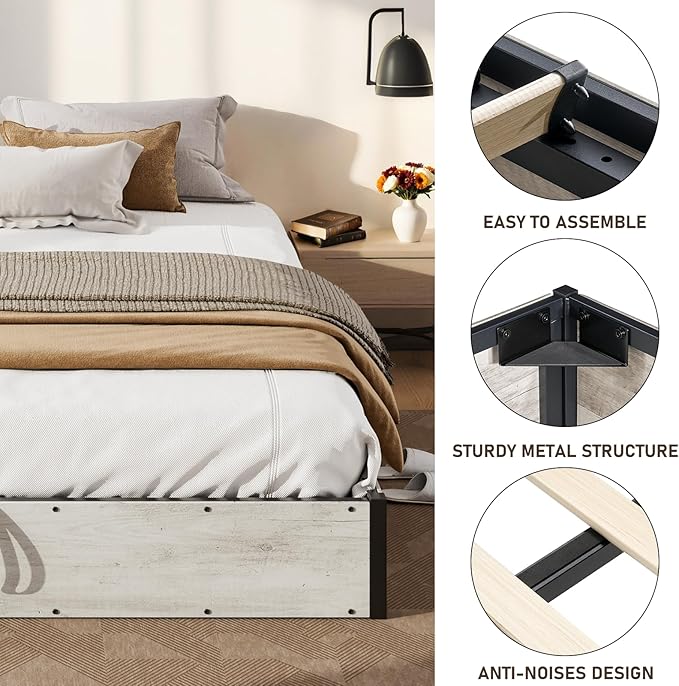 Lift Up Storage Bed Frame, Full Size Wooden Platform Bed with Large Storage Underneath, No Box Spring Needed, Noise Free, Distressed White