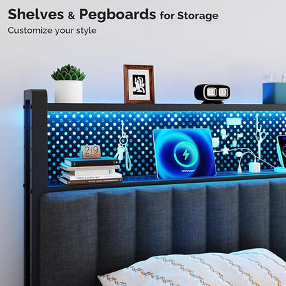 VINGLI Full Size Headboard Only, Adjustable Upholstered Headboard with 2 Tier Shelves and Pegboard with Charging Stations and LED Lights, Modern Bed Headboard with Storage for Bedroom Decor