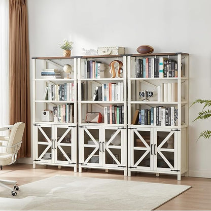 5 Tier Bookshelf 70" Tall Bookcase with Barn Doors,Large Farmhouse Display Book Shelf with Adjustable Shelves and Storage Cabinet，Library Wood Bookshelves for Living Room,Kitchen,White(3PCS)