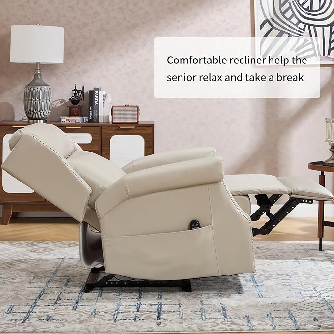 Manual Recliner Chair with Massage & Lumbar Heat, Breathable Leather Reclining Chair for Adults, Humanized Design Easy to Install Living Room Recliners Beige
