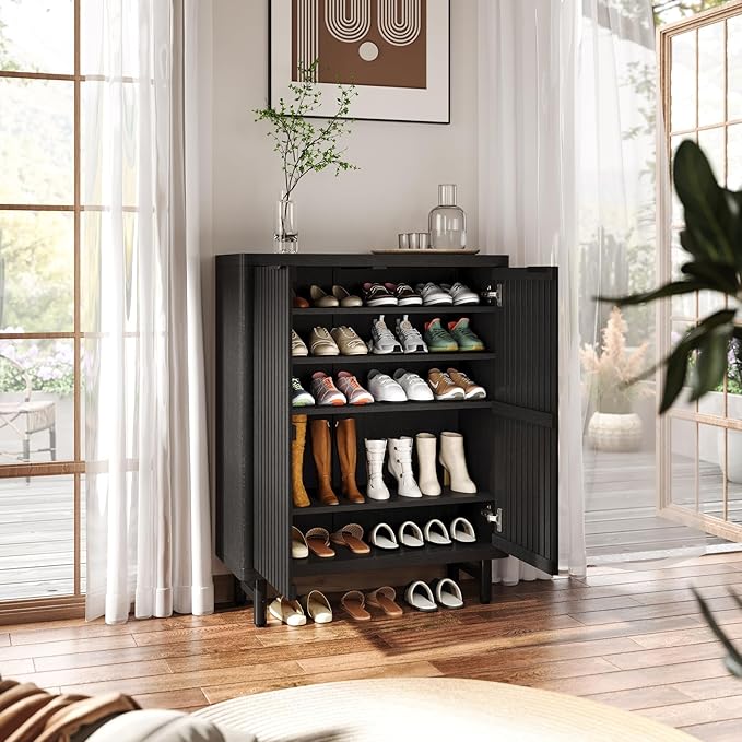 Tribesigns 6-Tier Farmhouse Shoe Cabinet with Shutter Doors, Wooden Shoe Organizer Rack with Adjustable Shelves, Modern Large Hidden Storage Furniture for Entryway, Hallway (Black)