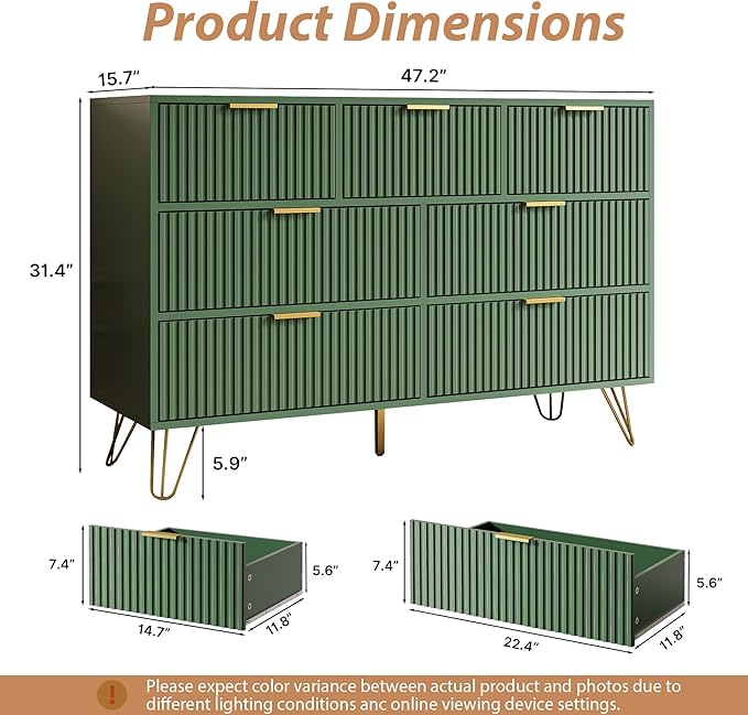 Green Dresser for Bedroom, 7 Drawer Dresser with Gold Pulls, Wide Chest of Drawers for Bedroom, Entryway, 47.2" L x 15.7" D x 31.4" H
