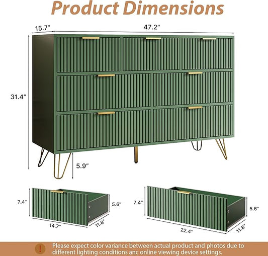 Green Dresser for Bedroom, 7 Drawer Dresser with Gold Pulls, Wide Chest of Drawers for Bedroom, Entryway, 47.2" L x 15.7" D x 31.4" H