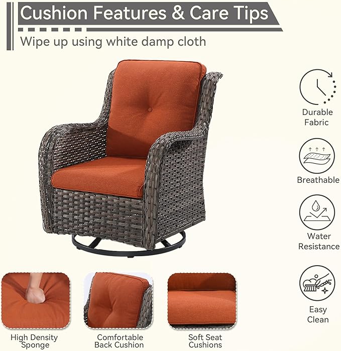 Outdoor Swivel Rocker Patio Chair - Outdoor Wicker Patio Chair with Olefin Fabric Cushions, Suitable for Backyard Deck and Porch, Orange