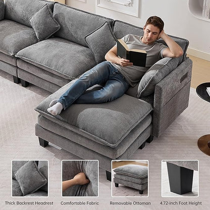 108" Modular Sectional Couches for Living Room with Ottoman, L Shaped Cloud Couch with Charger, USB & Type-c Port, Comfy 4 Seats Sofas with Deep Seat, Chenille Fabric, Darkgrey