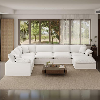 253" Oversized Cloud Modular Sectional Sofa,7 Seat Down Filled Sofa,Comfy Deep Seat Couch with Reversible Chaise & Cushions,Couch Cover Washable and Replaceable,White