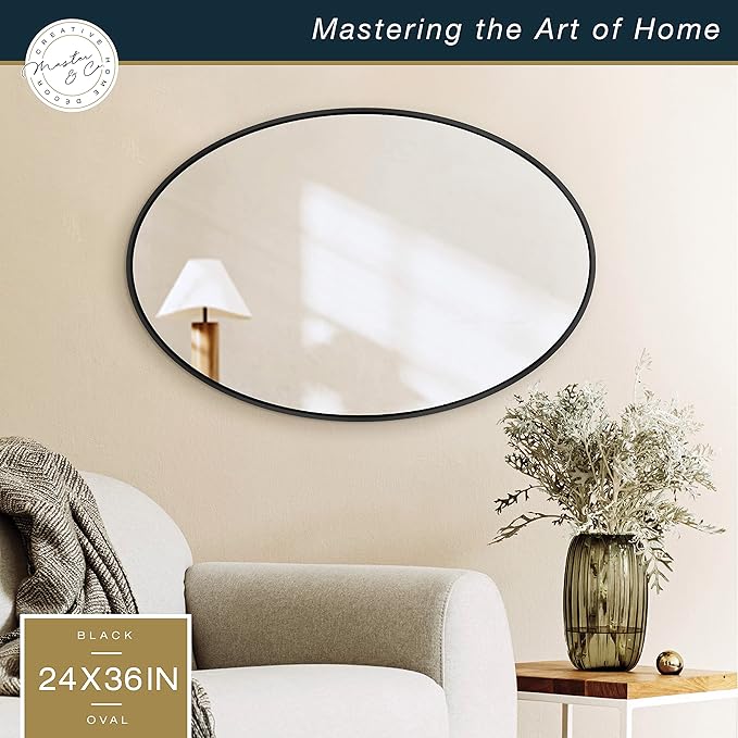 MCS Master & Co. Modern Metal Large Wall Mirror, Minimalist Home Decor Oval Mirror for Living Room, Bedroom, or Bathroom, 24 by 36 Inch, Black