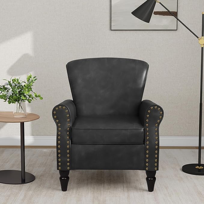 Accent Chair, Mid Century Modern Faux Leather Arm Chair with Wood Leg for Living Room, Bedroom, Comfy PU Leather Club Reading Chairs with Wingback & Nailhead Trim (Leather Black Grey, Set of 1)
