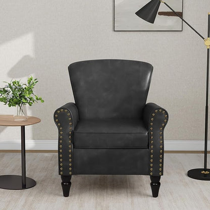 Accent Chair, Mid Century Modern Faux Leather Arm Chair with Wood Leg for Living Room, Bedroom, Comfy PU Leather Club Reading Chairs with Wingback & Nailhead Trim (Leather Black Grey, Set of 2)