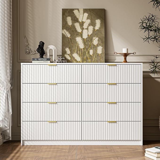3-Piece Dresser Bedroom Set, 8 Drawer Dresser & 3 Drawer Nightstands with Gold Handles, Fluted Wood Chest of Drawers for Bedroom, Living Room, Entryway, White