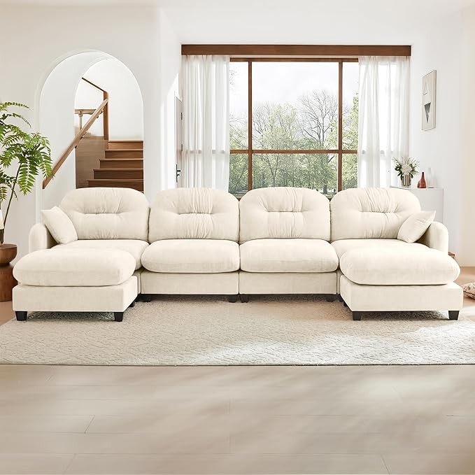 140" U Shaped Couch for Living Room, Comfy Chenille Fabric Cloud Sectional Couch, Modern Upholstered Deep Seat Sofa with Pillow and 2 Movable Ottoman, Oversized 4 Seater Sectional Sofa, Beige