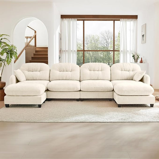140" U Shaped Couch for Living Room, Comfy Chenille Fabric Cloud Sectional Couch, Modern Upholstered Deep Seat Sofa with Pillow and 2 Movable Ottoman, Oversized 4 Seater Sectional Sofa, Beige