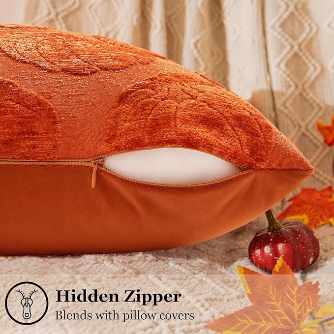 decorUhome Decorative Rust Pumpkin Thanksgiving Throw Pillow Covers 12x20 Set of 2, Soft Chenille Jacquard Farmhouse Textured Pillow Covers for Couch Bed Sofa Autumn Harvest Halloween Holiday