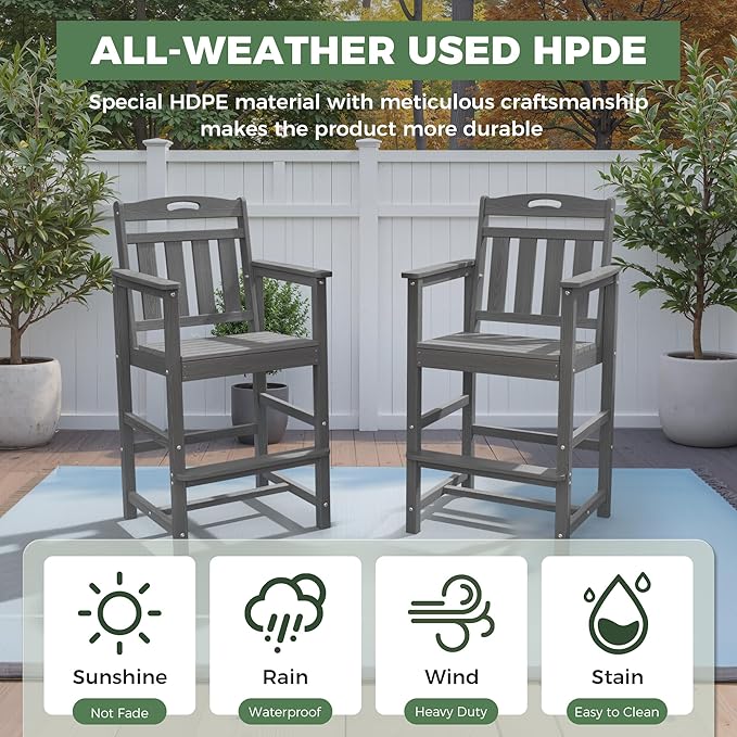 HDPE Outdoor Patio Tall Bar Chair, All-Weather Bar Height Balcony Adirondack Stools for Bistro, Garden, Backyard, Deck | Grey