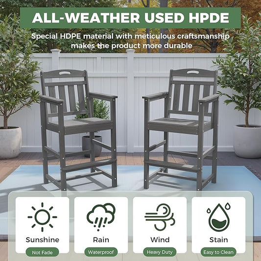 HDPE Outdoor Patio Tall Bar Chair, All-Weather Bar Height Balcony Adirondack Stools for Bistro, Garden, Backyard, Deck | Grey