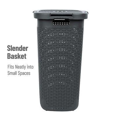 Mind Reader Slim Laundry Hamper with Lid, 60L Clothes Basket, Premium Wicker Design, Plastic, Gray