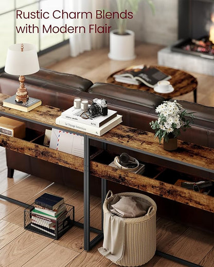 VASAGLE 2-Tier Entryway Table, Narrow Console Table, Semi-Open Compartments, 9.4 x 39.4 x 31.5 Inches, for Hallway, Living Room, Rustic Brown and Ink Black ULNT091K01