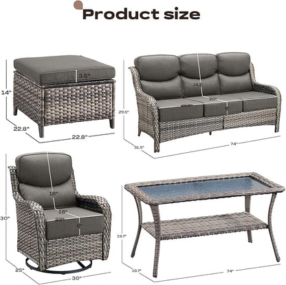 Rilyson Wicker Outdoor Patio Furniture Set - 8 Piece Patio Conversation Sets with Swivel Rocker Chairs, Ottomans, Sofa and Table, 6 inch Cushions, Deep Seating, for Porch Deck Mixed Grey/Grey