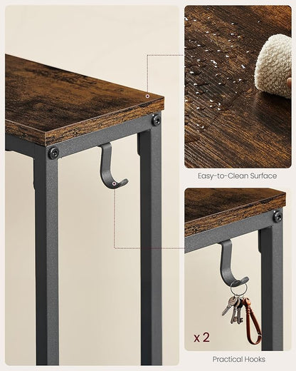 VASAGLE Set of 2 Console Tables with Power Outlets, Slim Behind Couch Sofa Tables, 5.9 x 39.4 x 31.5 Inches, 2 Hooks, Easy Assembly, for Entryway, Living Room, Rustic Brown and Ink Black ULNT078K01