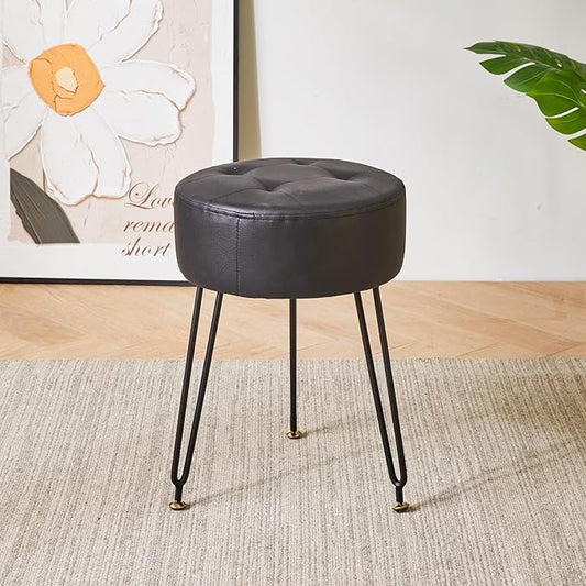 IBUYKE Faux Leather Round Footrest Stool, Makeup Vanity Stool Side Table, PU Dressing Table Seat, Pouf Couch Stool, Golden Steel Legs, Black LG-31B