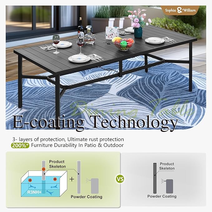 Sophia & William 9 Pieces Patio Dining Set for 8, Outdoor Patio Table and Rattan Chairs Set, 83" L Extra Large Rectangular Table, 1.75" Umbrella Hole, Navy Removable Seat Cushions