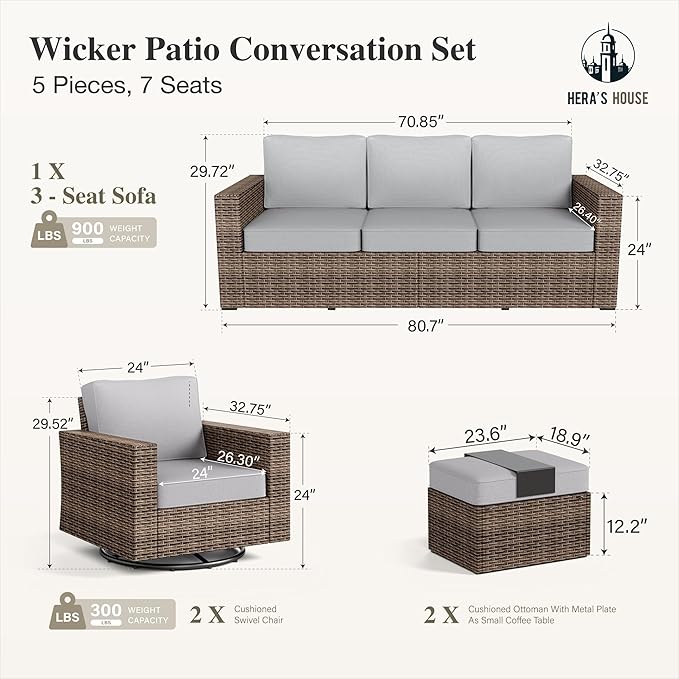 HERA'S HOUSE Swivel Glider Patio Furniture Set with 4.92" Wide Armrest 5.5" Thick Cushions, 5 Pieces Outdoor Wicker Conversation Sets for Lawn Backyard Deck, Grey