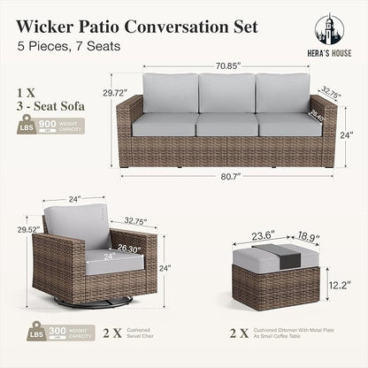 HERA'S HOUSE Swivel Glider Patio Furniture Set with 4.92" Wide Armrest 5.5" Thick Cushions, 5 Pieces Outdoor Wicker Conversation Sets for Lawn Backyard Deck, Grey