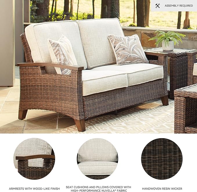 Signature Design by Ashley Paradise Trail Outdoor Loveseat with All Weather Cushions, Nuvella Weather Resistant Fabric, Medium Brown